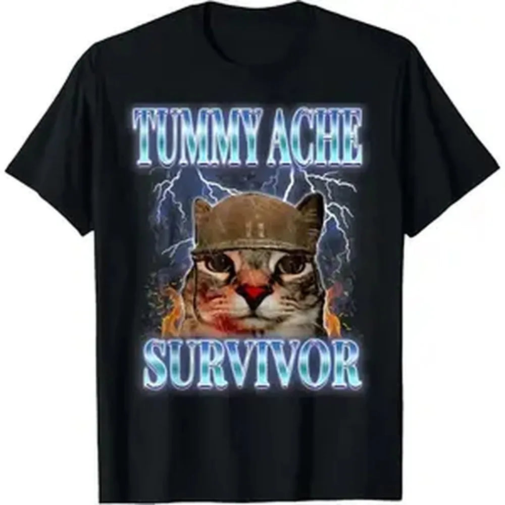 Tummy Ache Survivor Cat Meme Funny Saying Cats Animals T-Shirt for adult kids boy graphic Tees shirts funny fashion Short Sleeve tops vacation outfits clothing