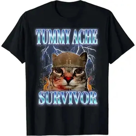 Tummy Ache Survivor Cat Meme Funny Saying Cats Animals T-Shirt for adult kids boy graphic Tees shirts funny fashion Short Sleeve tops vacation outfits clothing