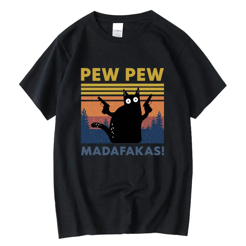 Pew Pew Madafakas T-shirt Men Short Sleeve Novelty Funny Cat T Shirt Cotton Loose Tops Shirts Tee T-Shirt Crew Neck Streetwear