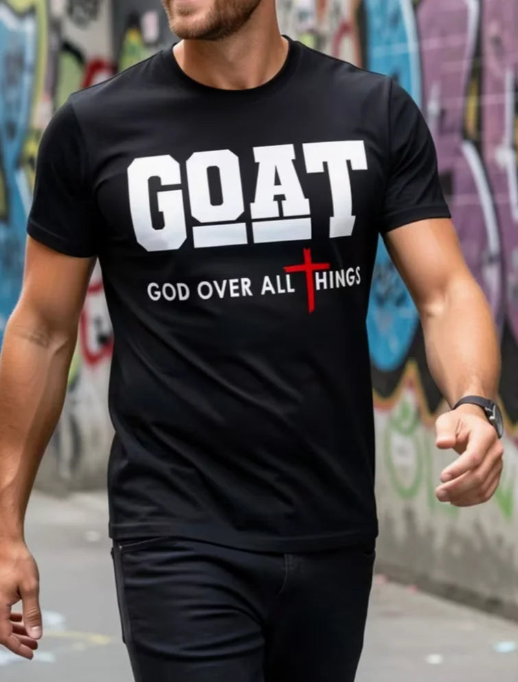 Unique Black Graphic Large-sized T-shirt Featuring A Central Wooden Cross Surrounded By A Red Crown of Thorns Eye-Catching 'GOD