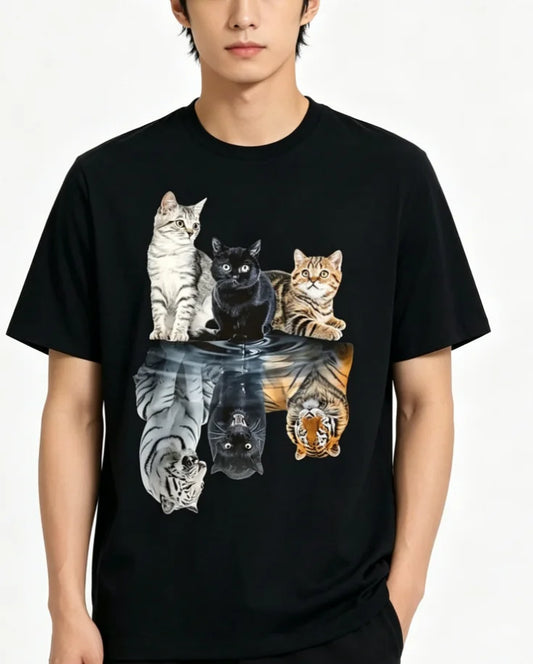 Cat Reflection Mirror Lion Cheetah Tiger Cat T-Shirt Casual Men's T-Shirt Round Neck Short Sleeved T-Shirt Sports Holiday Gift