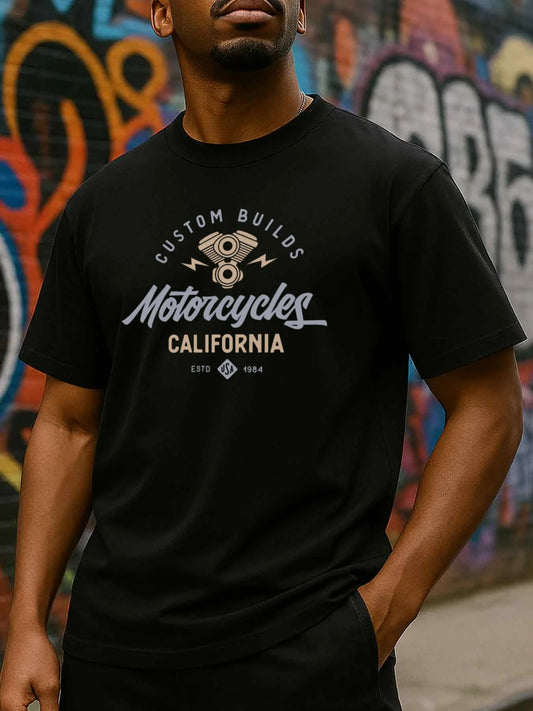 Vintage Men's Black Graphic T-Shirt Motorcycle Engine Custom Builds California 1984 Bold Letter Print 100% Cotton Heavyweight Short Sleeve Casual Streetwear Tee
