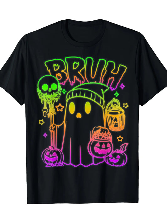 Trendy Men's Black Graphic T-Shirt Spooky Ghost Skull Pumpkin Lantern Neon Drip Bruh Halloween Cartoon Print 100% Cotton Heavyweight Short Sleeve Casual Streetwear Tee