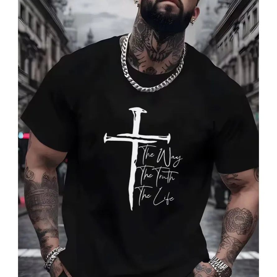 Classic Christian Tee with White Cross The Way The Truth The Life Print Men's Street Style Casual Wear Adults Men Daily Outfit