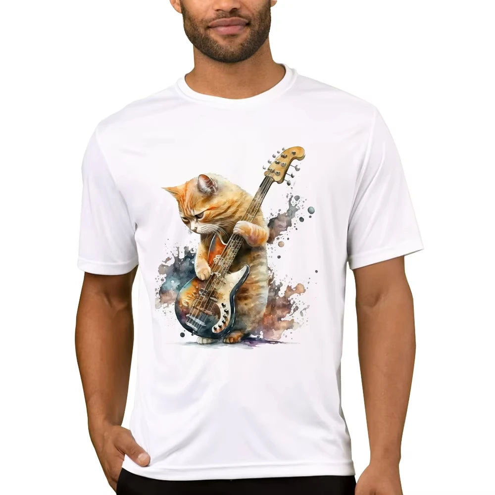HOT SALE Vintage Cat Play Guitar Men T-Shirt Fashion Streetwear Short Sleeve T Shirts Hipster Music Tee Cool Tops Music Lover
