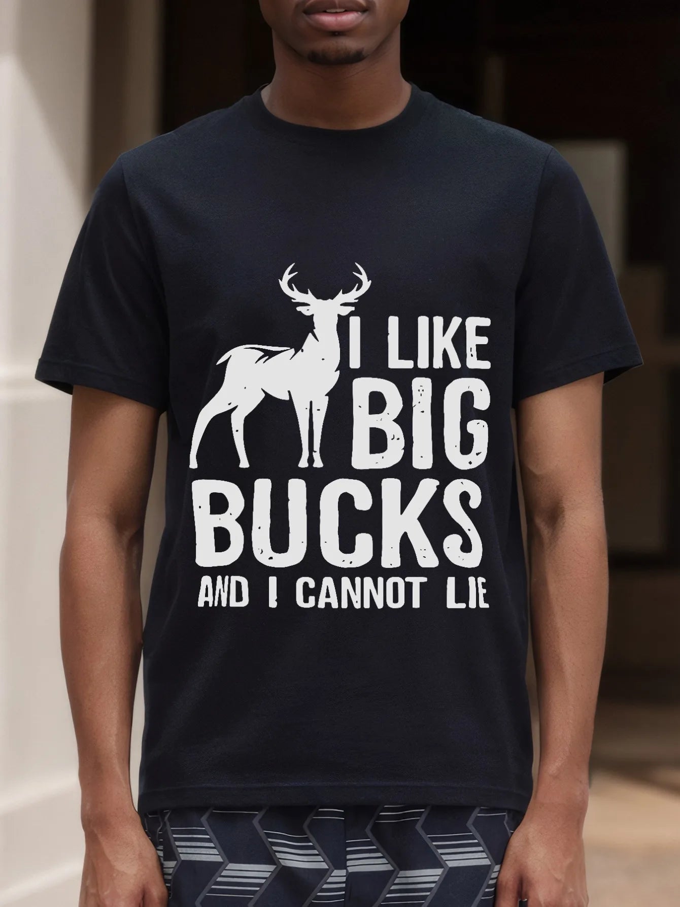 Funny Men's Black Graphic T-Shirt Deer Buck Silhouette I Like Big Bucks and I Cannot Lie Bold Letter Print 100% Cotton Heavyweight Short Sleeve Casual Streetwear Tee