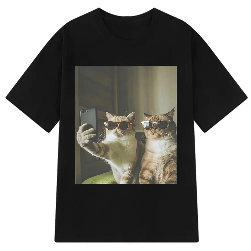 HOT SALE Retro Selfie Friends Funny Cat Meme T-shirt Men Women Harajuku Fashion T-shirt Short Sleeve Cotton Hip Hop Casual Tee