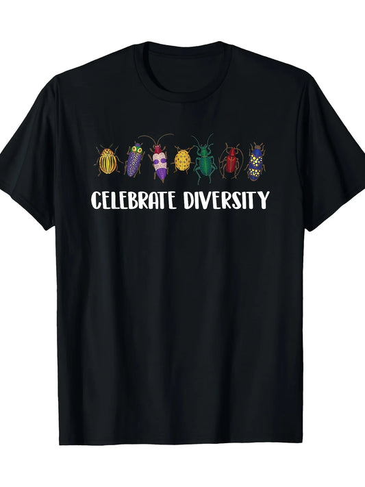 Trendy Men's Black Graphic T-Shirt Colorful Beetle Insect Row Celebrate Diversity Slogan Retro Nature Illustration Print 100% Cotton Heavyweight Short Sleeve Casual Streetwear Tee