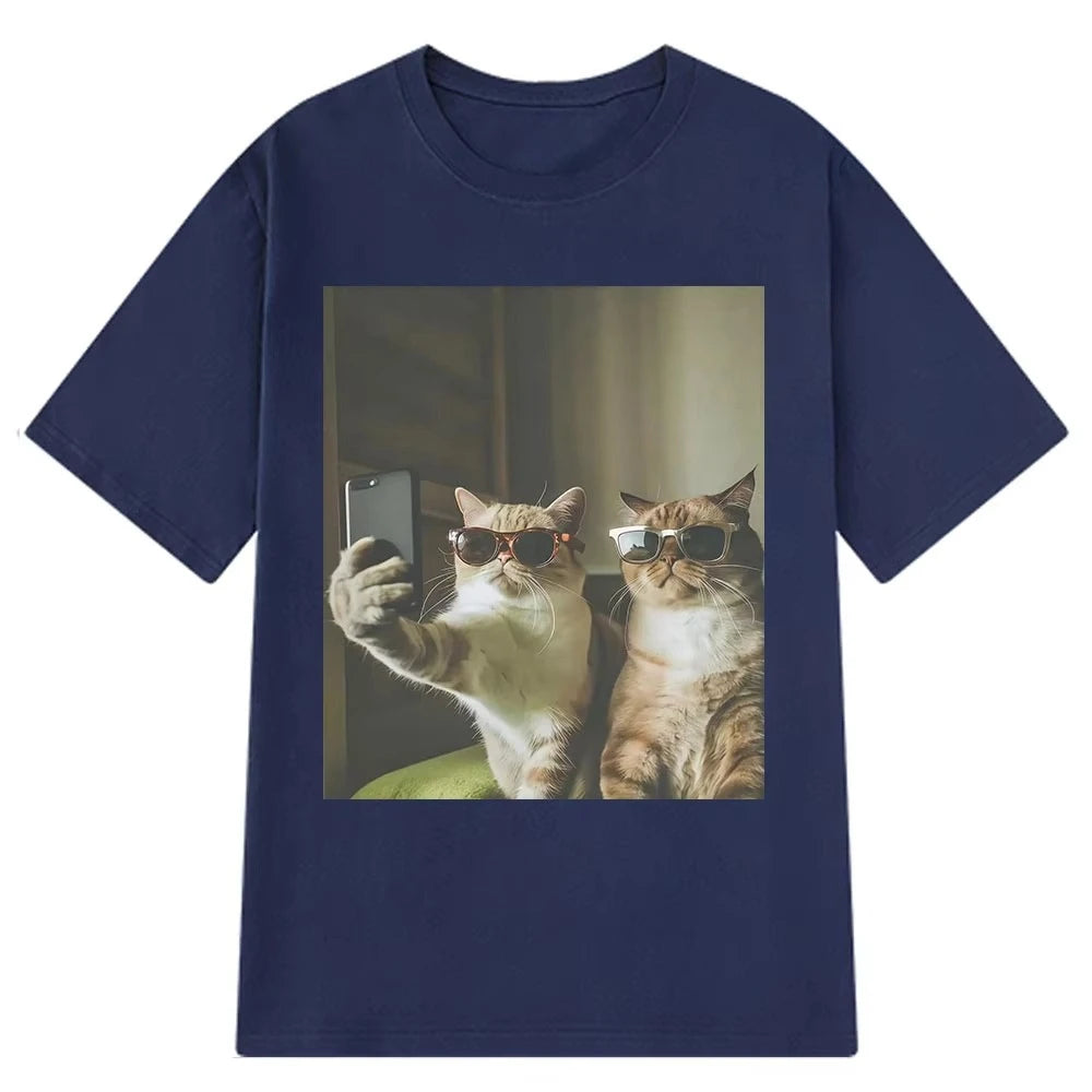 HOT SALE Retro Selfie Friends Funny Cat Meme T-shirt Men Women Harajuku Fashion T-shirt Short Sleeve Cotton Hip Hop Casual Tee