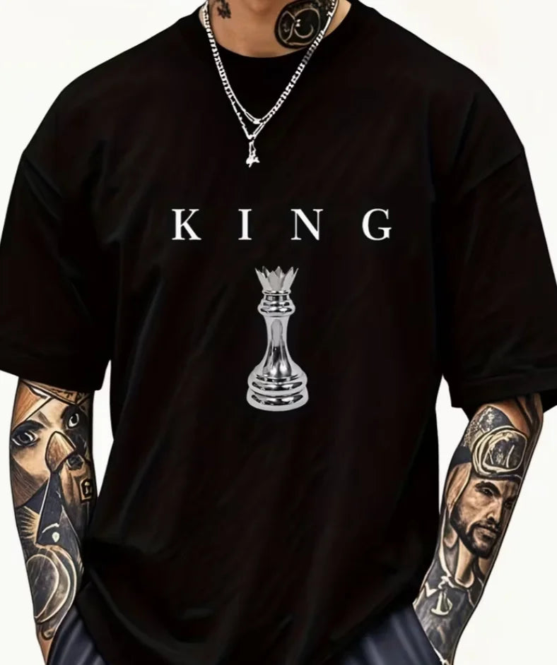Casual Short-Sleeve Round Neck T-Shirt Top for Men Featuring a Black Chess King Pattern T-Shirts