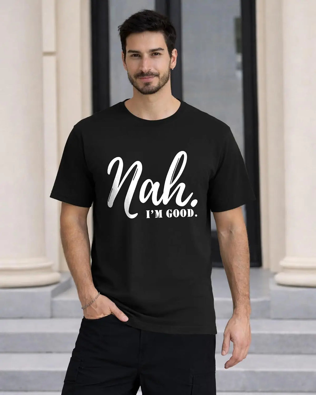 KUYIGO Mens T Shirts Funny Letter Graphic Nah, I’m Good. Summer Casual Streetwear Short Sleeve Tee