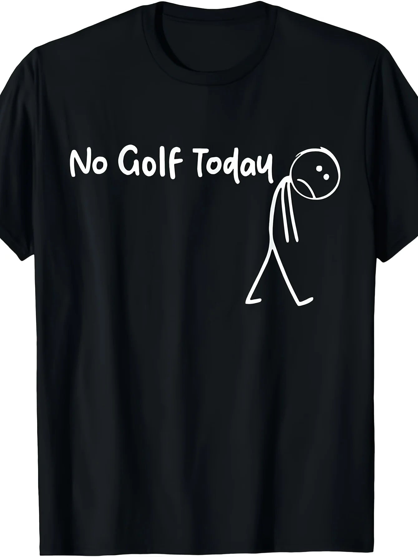 Funny Men's Black Graphic T-Shirt No Golf Today Stick Figure Slumped Head Sad Mood Bold Letter Print 100% Cotton Heavyweight Short Sleeve Casual Streetwear Tee