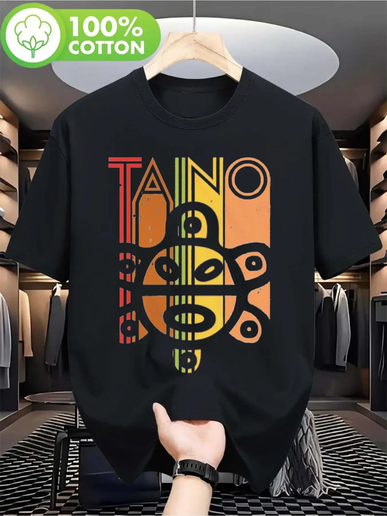 Men's TAINO Tribal T-Shirt - Soft Breathable Short Sleeve Tee with Taino Totem Print & Script, Spanish/English Cultural Design, Round Neck Casual Shirt Suitable for Summer, Music Festivals, Spanish Language Apparel (Machine Washable)