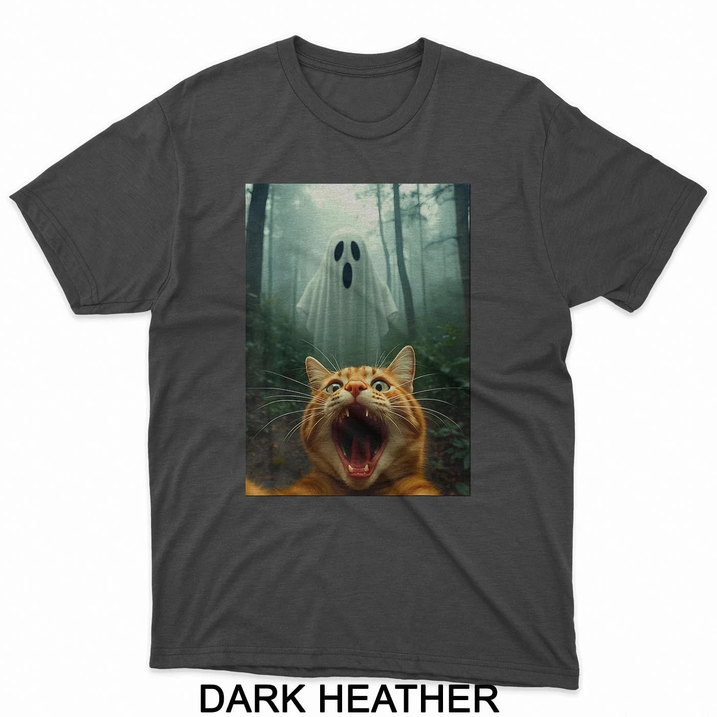 HOT SALE Cat Selfie with Ghost Halloween Kitty Spooky Ghost in Forest T-Shirt Tee Soft  Round-neck Tee Streetwear Style