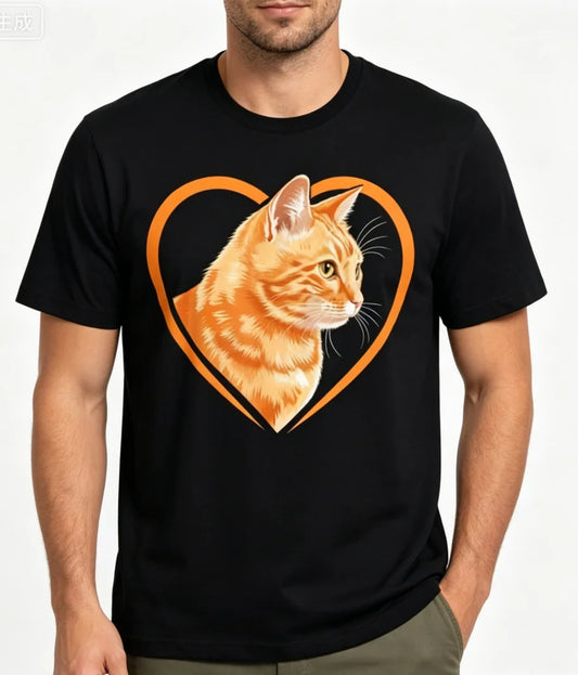 Orange Tabby Cat Face Heart Graphic T-Shirt Tee Retro Streetwear  Casual Short Sleeve Crew Neck  Perfect Gift for Tabby Cat Fans