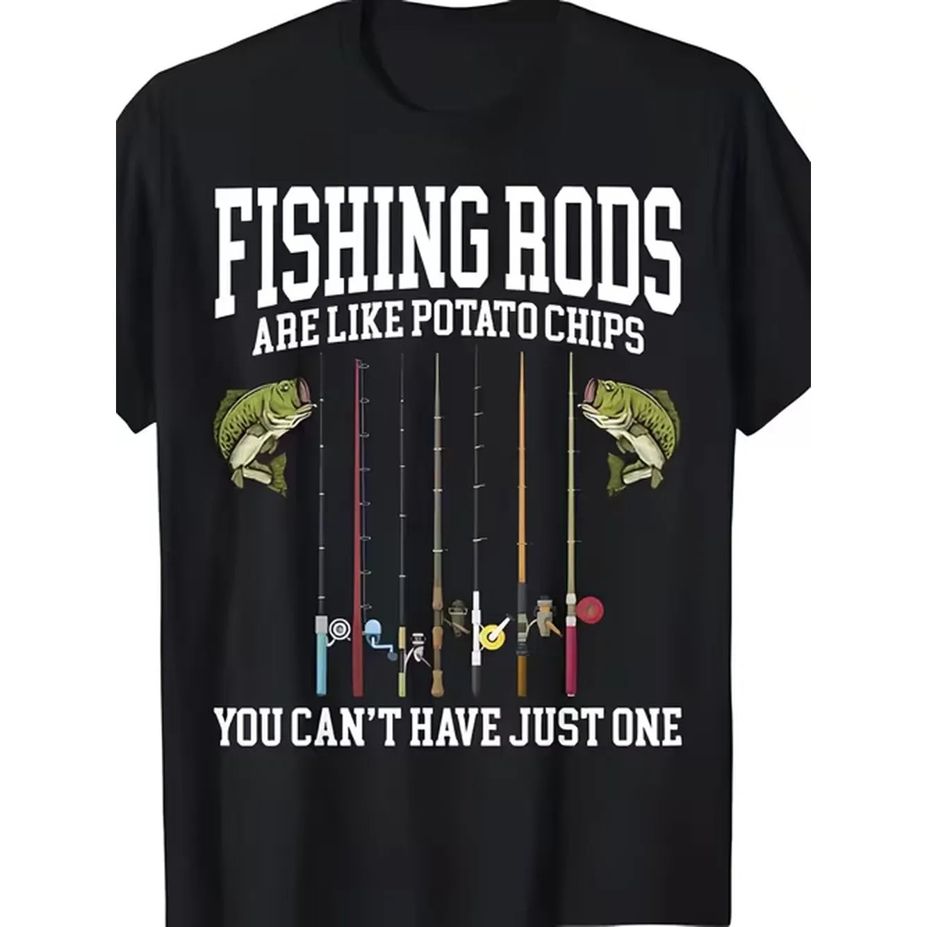 Men's Funny Fishing T-Shirt with "A Fishing Rod is Like Potato Chips" Print - 100% Cotton Casual Round Neck Short Sleeve Tee, Humorous Gift for Anglers & Outdoor Enthusiasts