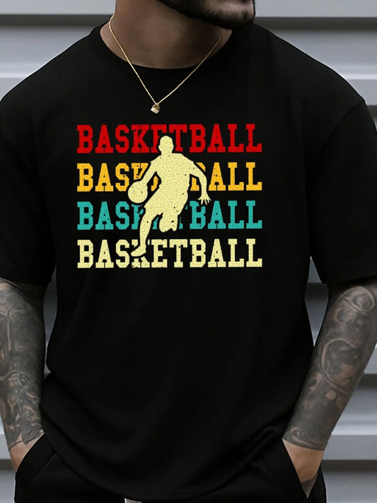 Vintage Men's Black Graphic T-Shirt Basketball Player Silhouette Repeated Basketball Word Distressed Retro Sports Typography Print 100% Cotton Heavyweight Short Sleeve Casual Streetwear Tee