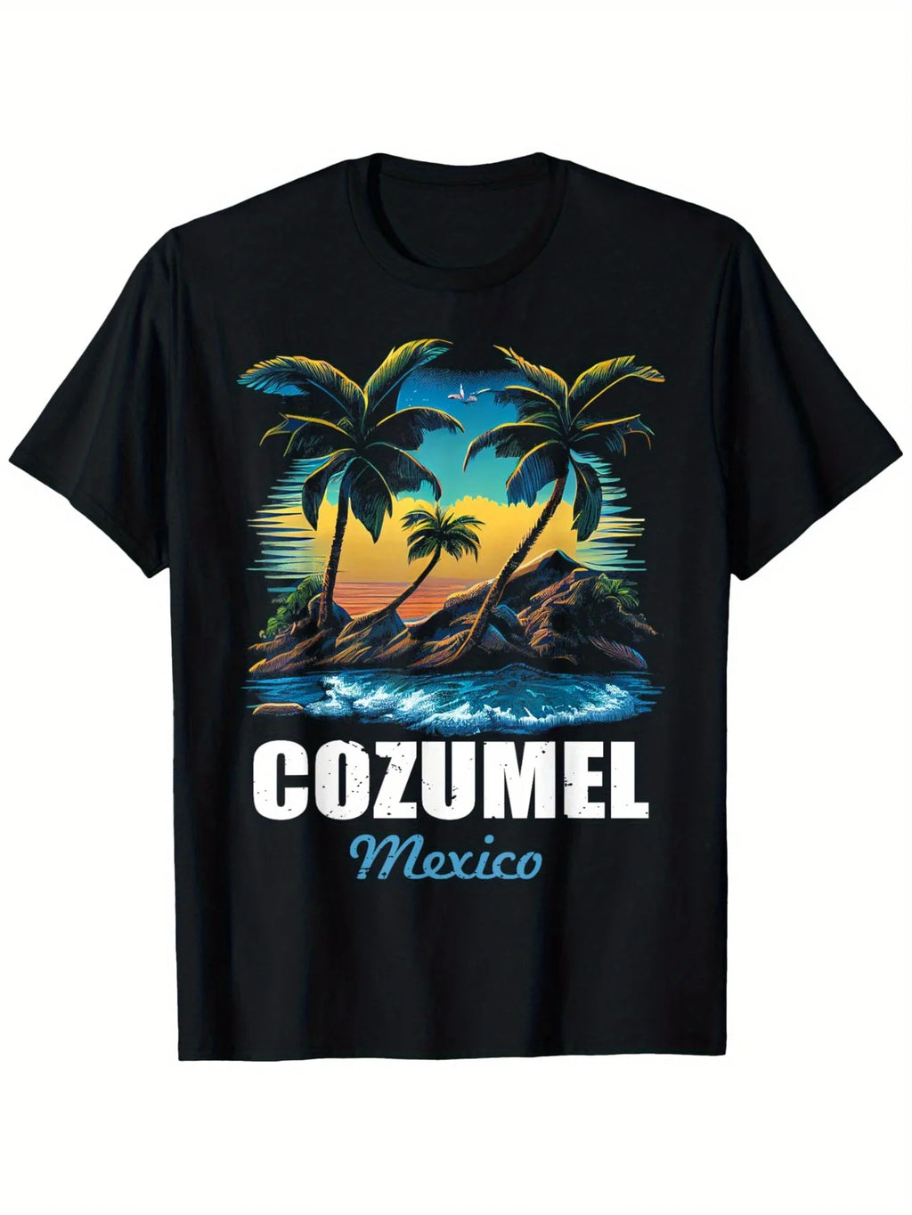 Vacation Men's Black Graphic T-Shirt Tropical Palm Tree Ocean Sunset Island Coast Cozumel Mexico Travel Vintage Print 100% Cotton Heavyweight Short Sleeve Casual Streetwear Tee