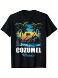 Vacation Men's Black Graphic T-Shirt Tropical Palm Tree Ocean Sunset Island Coast Cozumel Mexico Travel Vintage Print 100% Cotton Heavyweight Short Sleeve Casual Streetwear Tee