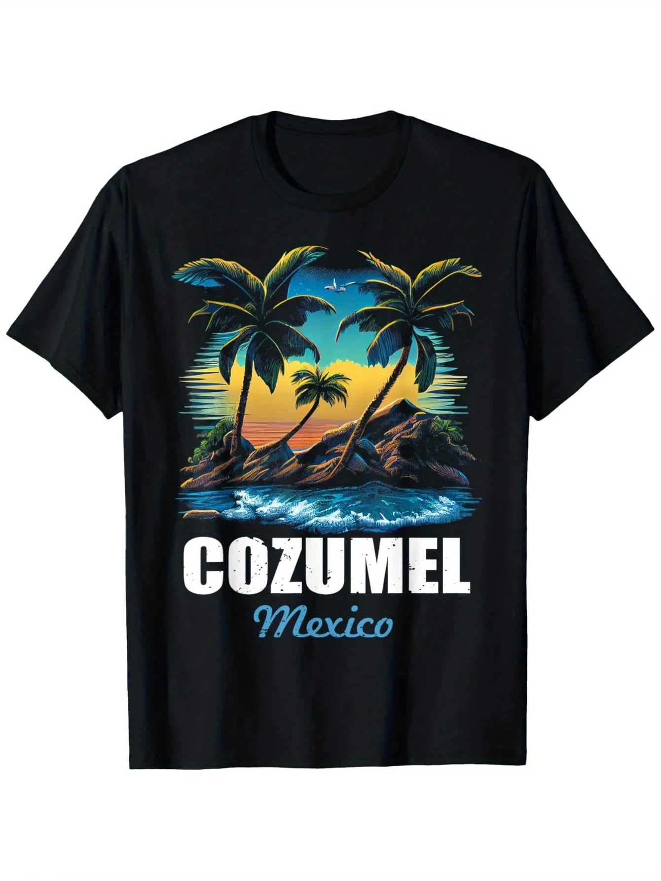 Vacation Men's Black Graphic T-Shirt Tropical Palm Tree Ocean Sunset Island Coast Cozumel Mexico Travel Vintage Print 100% Cotton Heavyweight Short Sleeve Casual Streetwear Tee