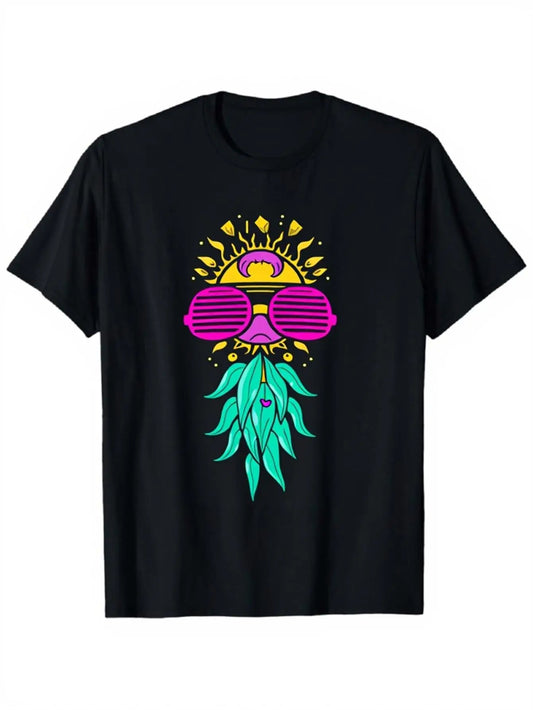Trendy Men's Black Graphic T-Shirt Sun Face Pink Sunglasses Teal Leaf Beard Retro Colorful Illustration 100% Cotton Heavyweight Short Sleeve Casual Streetwear Tee