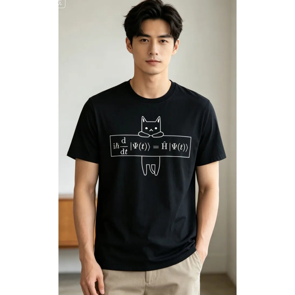 Men's Schrodinger Equation Cat TShirt Black Short Sleeve Round Neck Casual Science Tee for Teachers Short Sleeve Style TShirt
