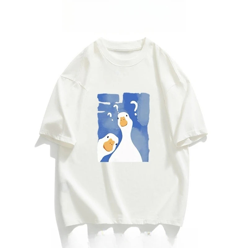 HOT SALE Funny Big White Goose Printed Cotton T-shirt for Men and Women Casual Breathable Loose Round Neck T-shirt Top Y2K Top