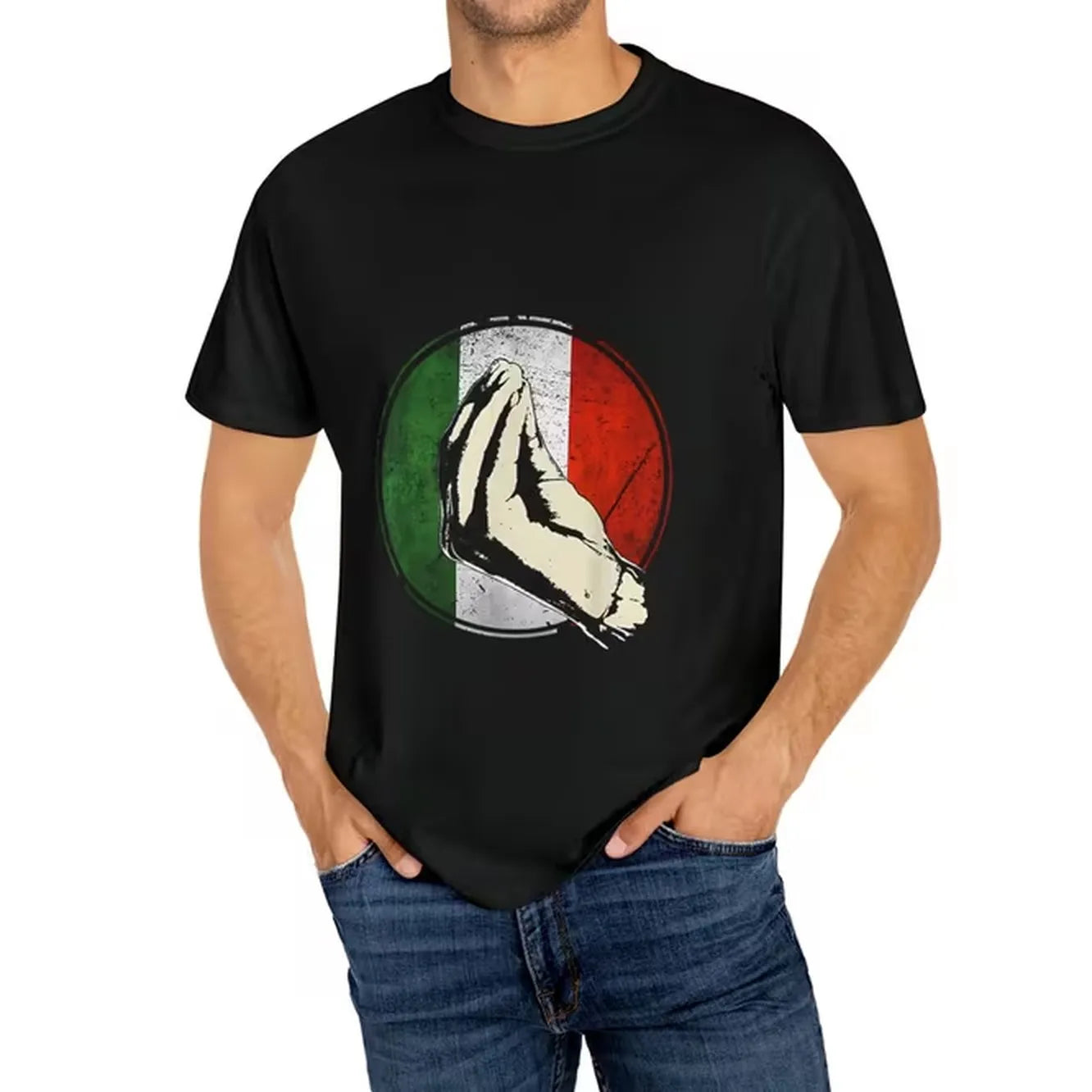 item picture mens t shirt featuring a graphic of flag with prayer hands designed white and red color blocks made from breathable for daily wear and italian heritage celebrations easy to wash in a machine casual wear