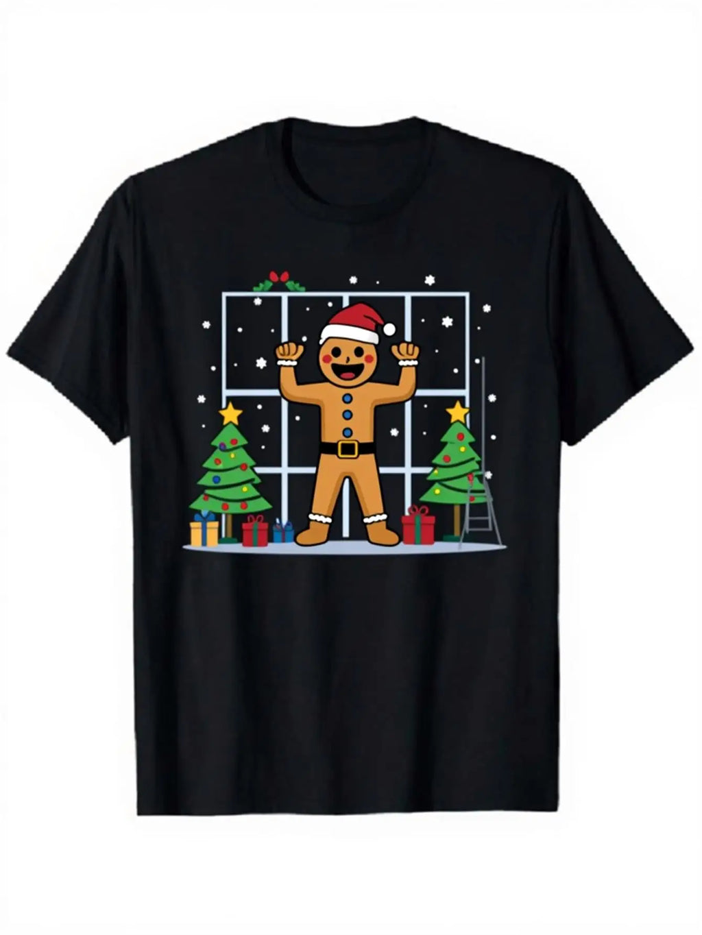 Funny Men's Black Graphic T-Shirt Gingerbread Man Santa Hat Christmas Tree Window Snow Gift Box Holiday Print 100% Cotton Heavyweight Short Sleeve Casual Streetwear Tee