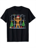 Funny Men's Black Graphic T-Shirt Gingerbread Man Santa Hat Christmas Tree Window Snow Gift Box Holiday Print 100% Cotton Heavyweight Short Sleeve Casual Streetwear Tee