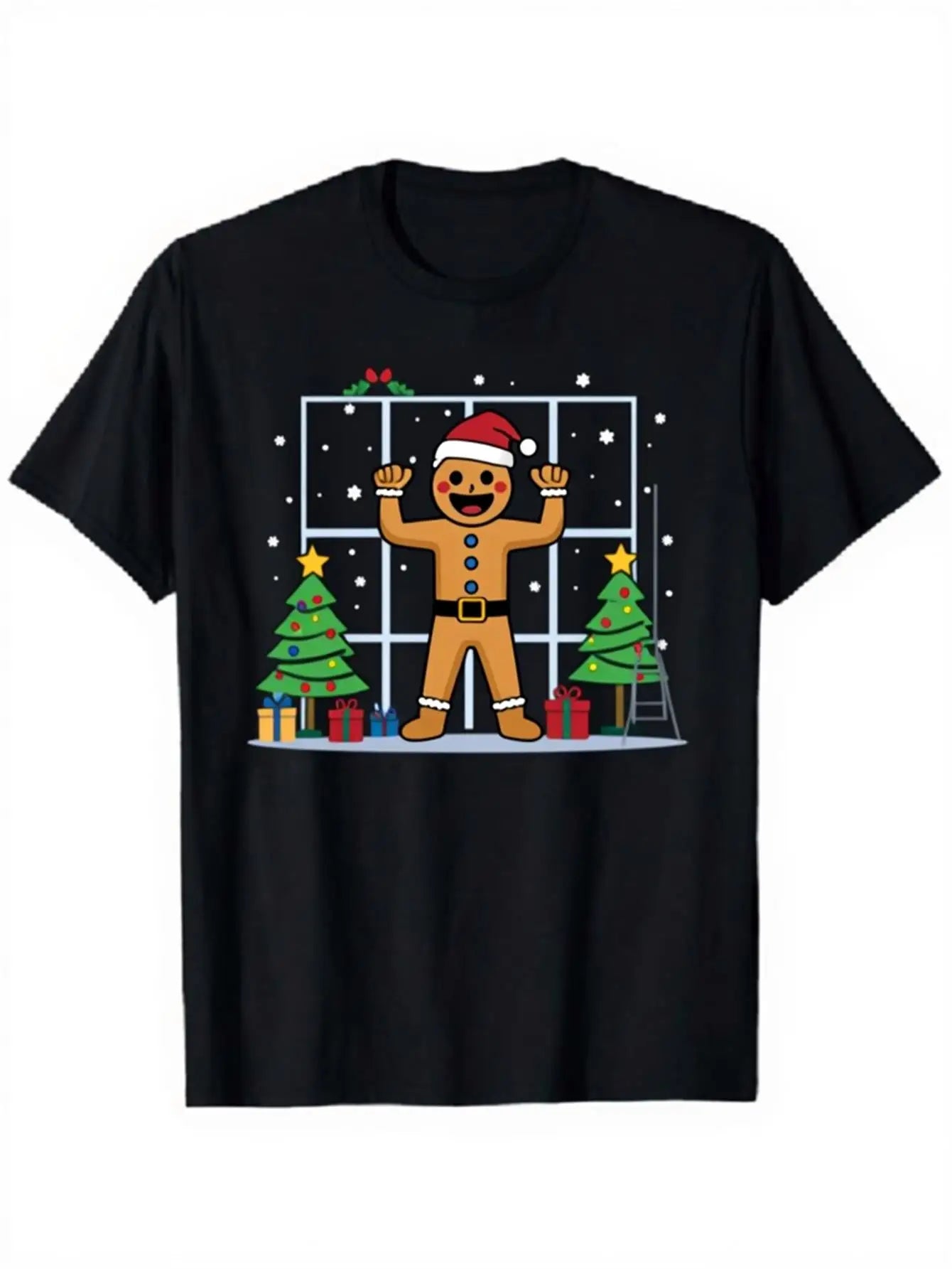 Funny Men's Black Graphic T-Shirt Gingerbread Man Santa Hat Christmas Tree Window Snow Gift Box Holiday Print 100% Cotton Heavyweight Short Sleeve Casual Streetwear Tee