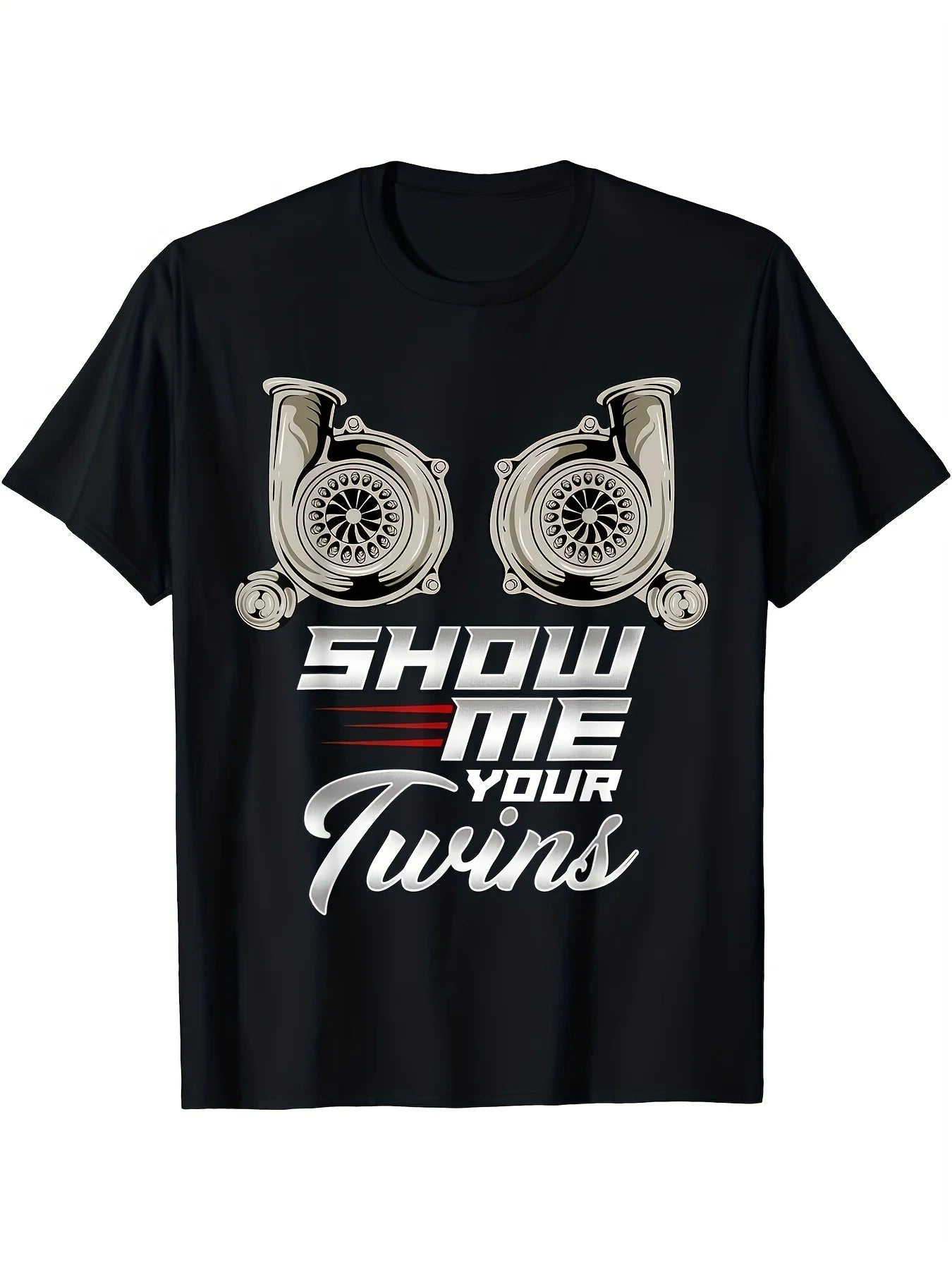 Black 100% 180gsm Classic Retro Style Funny Turbo Racing Show Me Your Twins TTs Graphic T-Shirt for Men Casual Short Sleeve Tee with Turbocharger Design Machine Washable Round Neck Short Sleeves Ideal for Casual SportWear