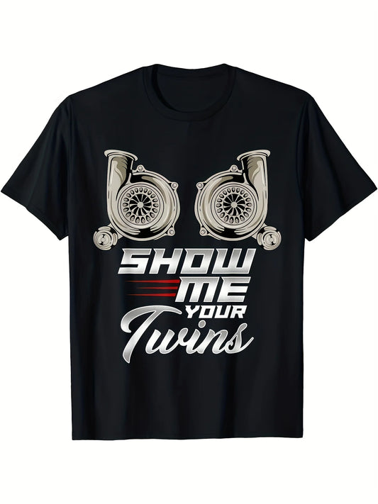 Black 100% 180gsm Classic Retro Style Funny Turbo Racing Show Me Your Twins TTs Graphic T-Shirt for Men Casual Short Sleeve Tee with Turbocharger Design Machine Washable Round Neck Short Sleeves Ideal for Casual SportWear