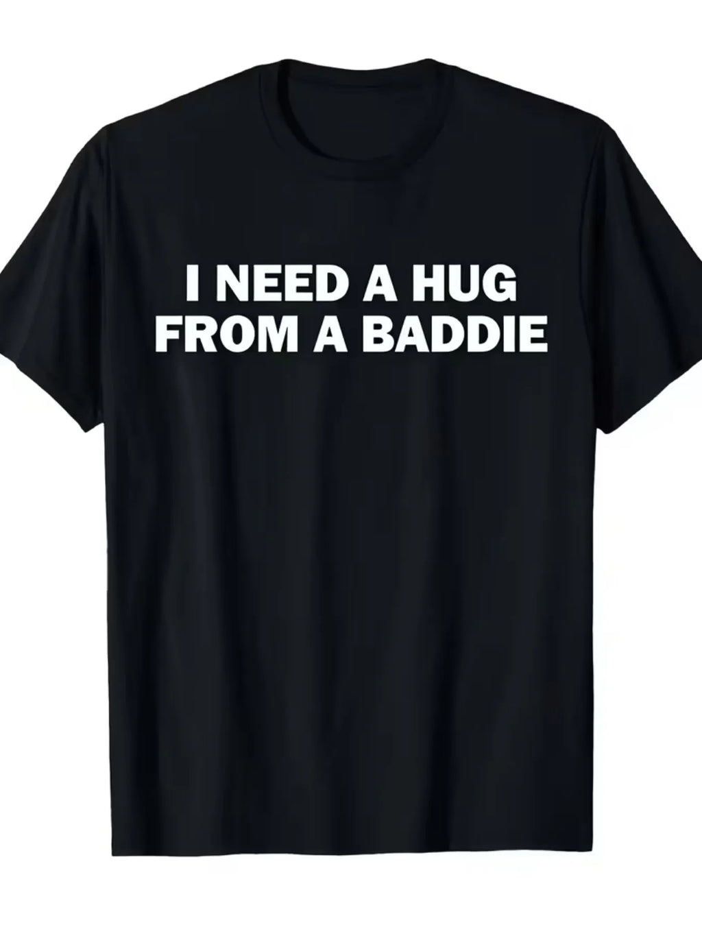 I Need a Hug from a Friend" Printed T-Shirt | Black Short-Sleeve Casual Streetwear Top, Unisex Knitted Fabric, High-Quality Print, Suitable for Holiday Occasions, Regular Length, Comfortable T-Shirt for All Seasons, Ideal for Daily Outdoor Activities