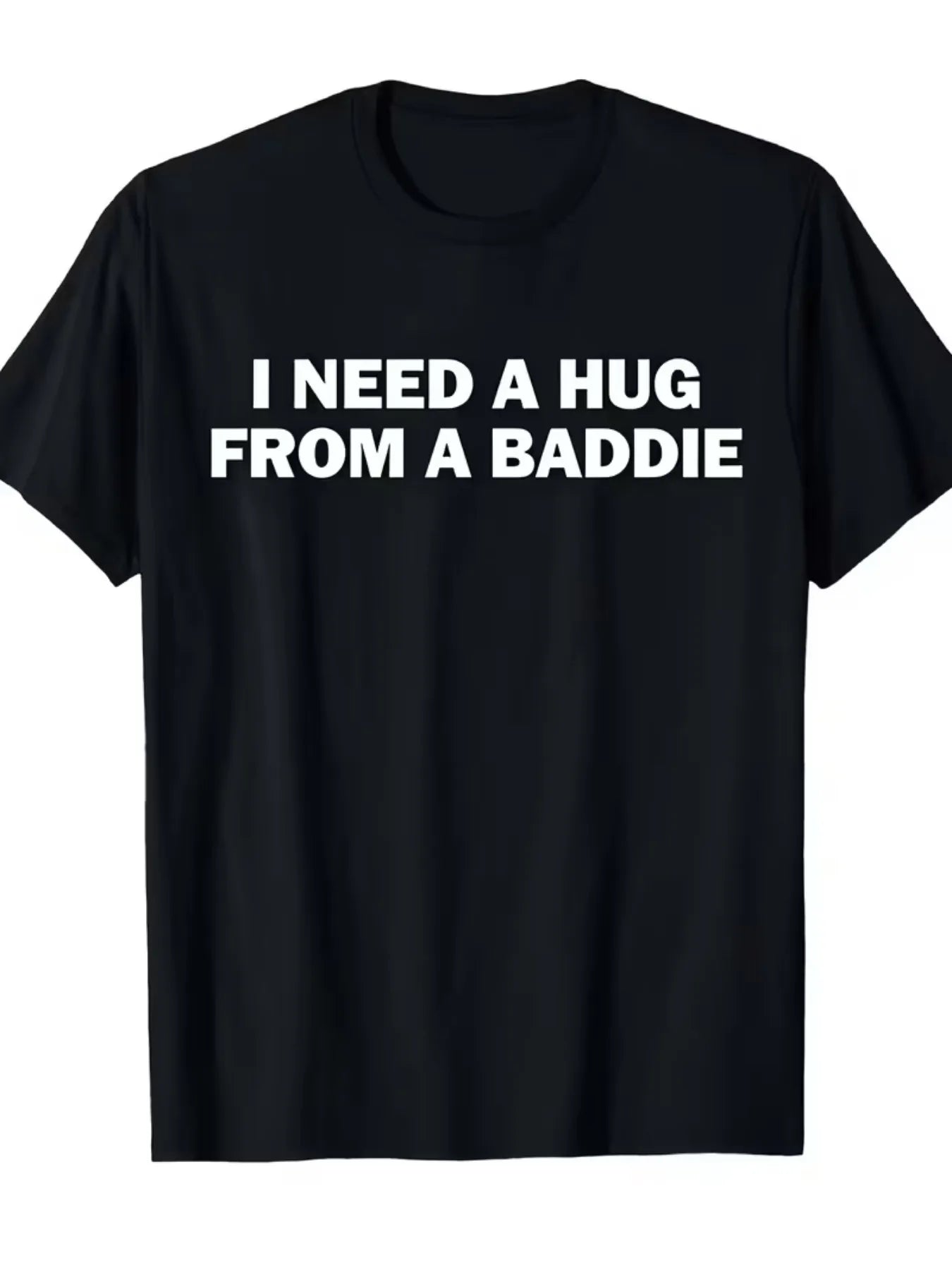 I Need a Hug from a Friend" Printed T-Shirt | Black Short-Sleeve Casual Streetwear Top, Unisex Knitted Fabric, High-Quality Print, Suitable for Holiday Occasions, Regular Length, Comfortable T-Shirt for All Seasons, Ideal for Daily Outdoor Activities