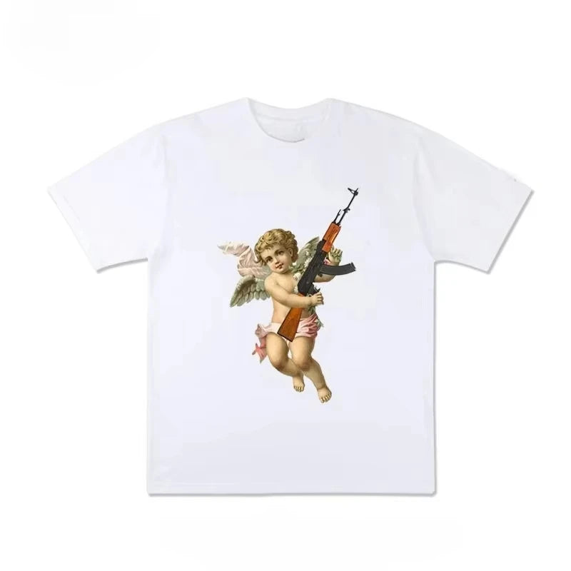 HOT SALE Creative Angel Printed Cotton T-shirt Men and Women with The Same Round Neck Cotton Short-sleeved T-shirt Funny Clothes