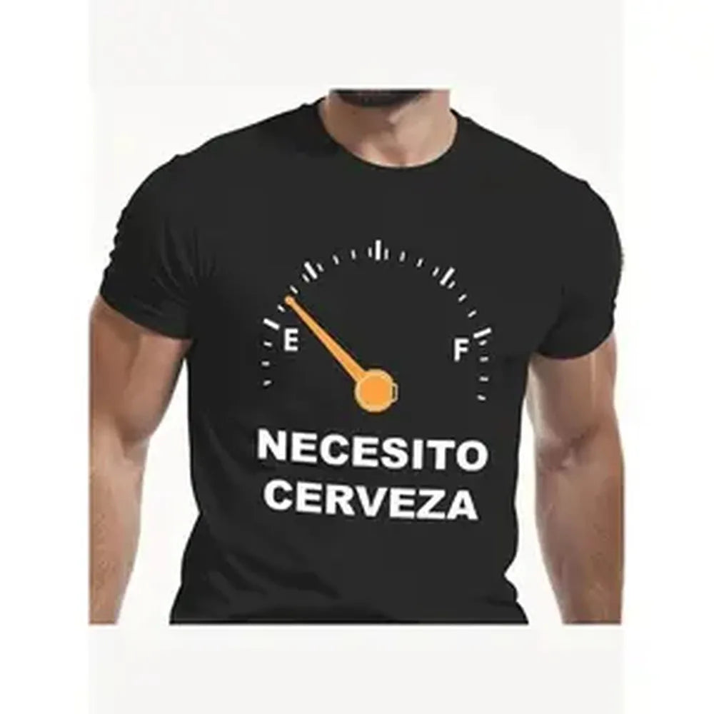 Men's Funny Spanish Beer T-Shirt - "NECESITO CERVEZA" (I Need Beer) Fuel Gauge & Spanish Slogan Print, Casual Short Sleeve Shirt,Men's Solid Color Crewneck Tee for Gym & Casual
