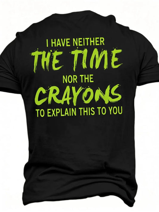 [Vintage Neon Shirt] Plus-size Men's T-shirt, Vintage-style Men's Neon Green Shirt with the Print "I Have Neither Crayons nor Wax." Short-sleeved, Round-neck, Washable Summer Shirt, PLUS SIZE