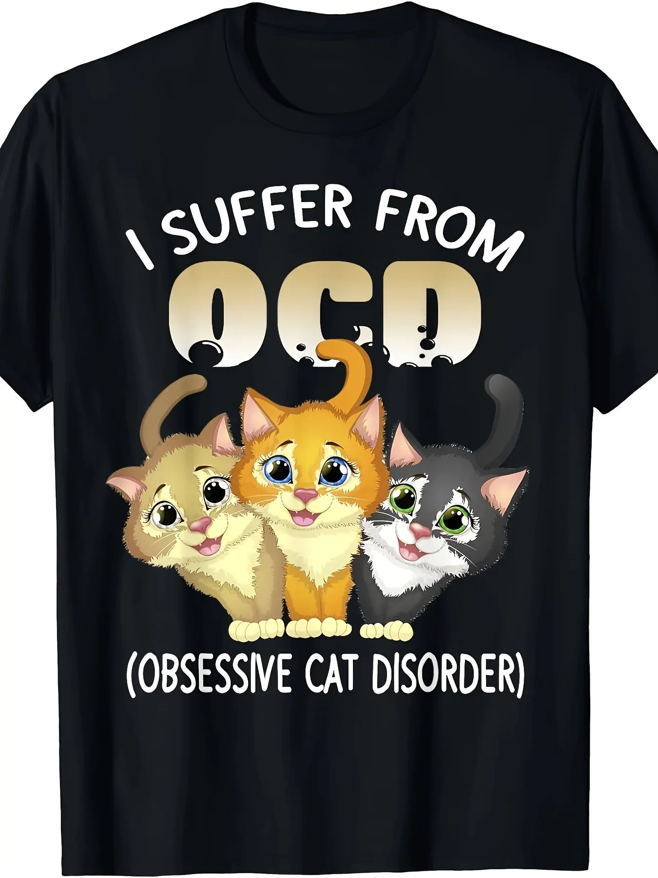 [Limited Edition] Plus-size Funny OCD Cat T-shirt, Printed with the Slogan "I Have OCD(cat OCD)" and Featuring Four Tabby Cat Designs, Loose Fit T-shirt, Suitable as a Gift for Cat Lovers, Casual Wear for All Year Round, Available in Plu, for Teenager