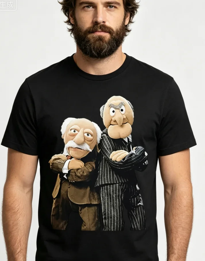 Men's Statler and Waldorf Black T-Shirt From The Muppet Show Fun Short-Sleeve Graphic Tee Merchandise Character Print Printing
