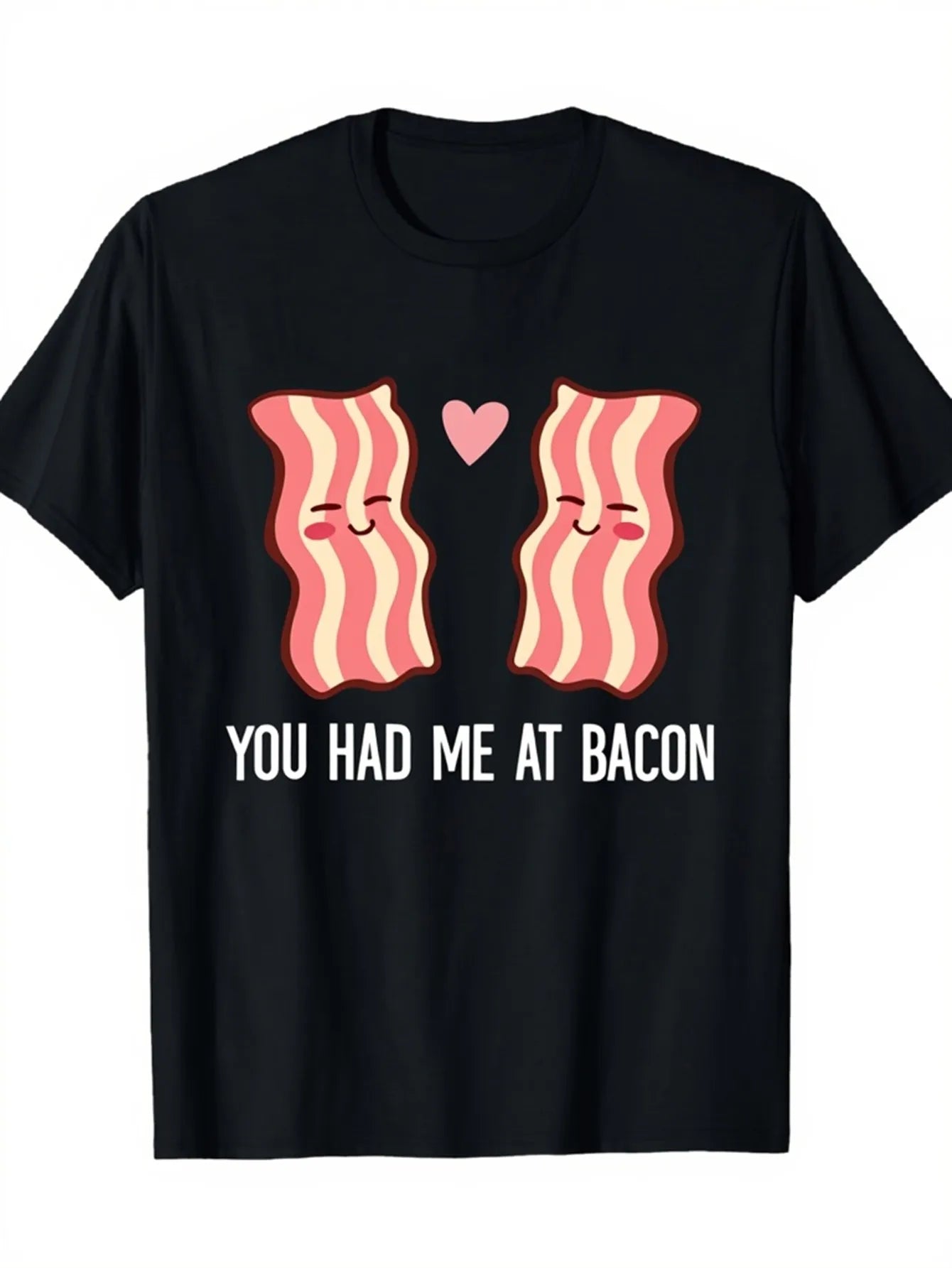 Funny Men's Black Graphic T-Shirt Cartoon Bacon Strips Pink Heart You Had Me at Bacon Food Pun Slogan Print 100% Cotton Heavyweight Short Sleeve Casual Streetwear Tee