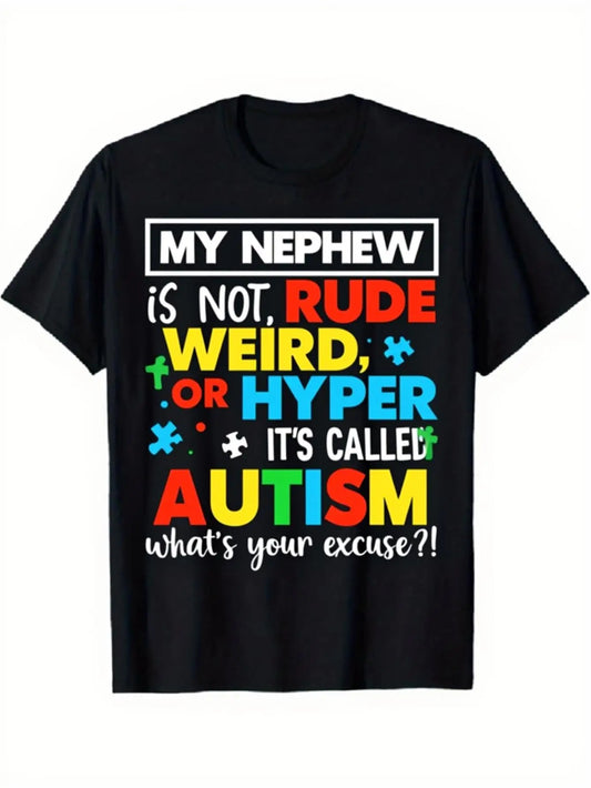 Casual Men's Black Graphic T-Shirt Colorful Bold Letter Puzzle Piece Quote Print 100% Cotton Heavyweight Short Sleeve Casual Streetwear Tee