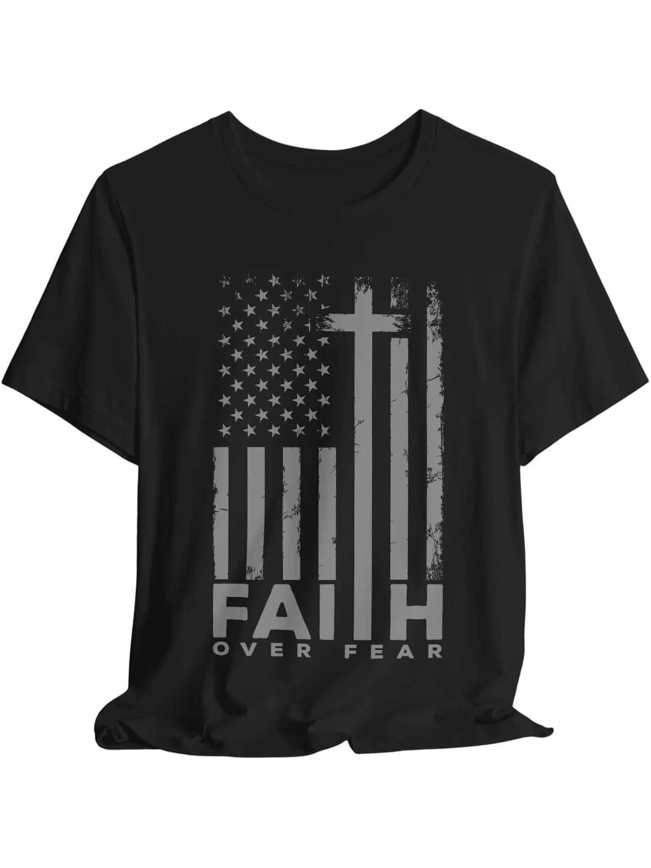 Faith Over Fear American Flag T-Shirt, Plus Size T-Shirt, Cross Style Christian Patriotic T-Shirt, Loose Fit Round Neck, All-Season Short Sleeve Plus Size, PLUS SIZE