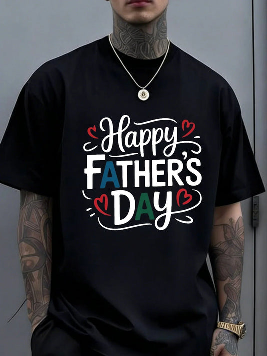 Unisex Short-Sleeve T-Shirt, Printed with The Phrase "Happy Father'S Day, " Featuring Eye-Catching Text And Heart-Shaped Decoration, Is The Perfect Gift for Dad, Stepfather