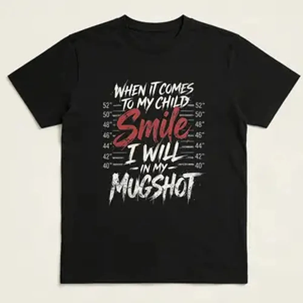 Smile In My Mugshot Graphic T-Shirt, Funny Short Sleeve Casual Top for Parents, Soft Cotton Fabric with Seamless Round Neck