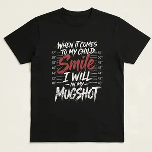 Smile In My Mugshot Graphic T-Shirt, Funny Short Sleeve Casual Top for Parents, Soft Cotton Fabric with Seamless Round Neck