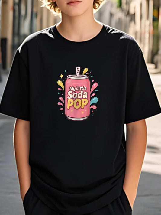 Trendy Men's Black Graphic T-Shirt Soda Can My Little Soda Pop Cute Bubble Splash Colorful Cartoon Typography Print 100% Cotton Heavyweight Short Sleeve Casual Streetwear Tee
