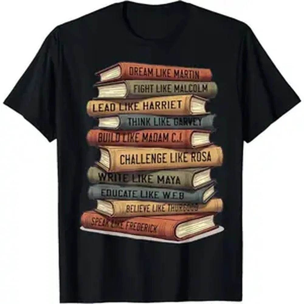Unisex Black History Month T Shirt Black Leaders Book Stack Graphic 100% Cotton Short Sleeve Round Neck Tee Casual Golf Tops Gift For African American Teachers Men Women