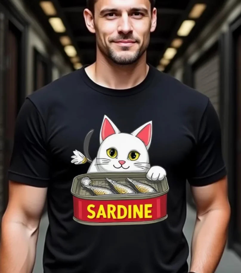 MenS Funny Sardine Cat Graphic T-Shirt Black with Red Sardine Label & Cute White Cat Peeking From Can Design Casual Attire Them