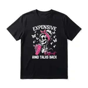 Sassy Skeleton With Pink Cup Graphic T Shirt Retro Funny Skull Print Short Sleeve Soft Tee Streetwear Casual Daily Tops Birthday Gift For Men Women Friends